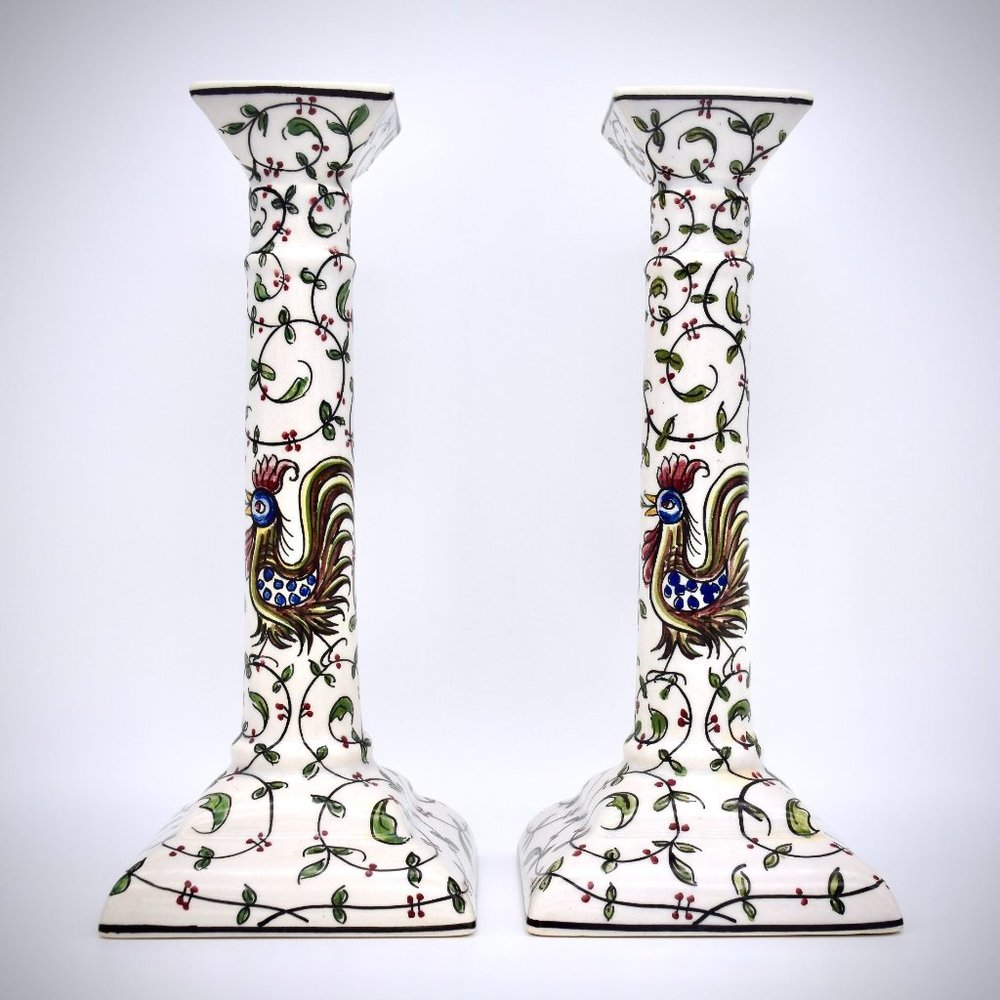 Nora Fenton Ceramic Folk Art Candleholders Rooster Ivy Motif Set Square Portugal